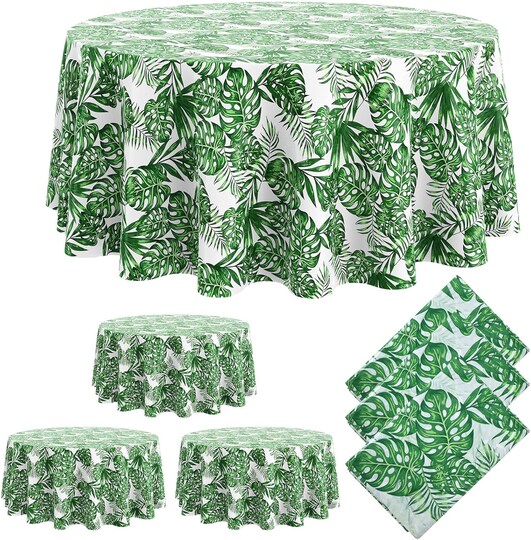 3-Pack 84 Inch Hawaiian Round Tablecloths, Tropical Palm Leaf Disposable Plastic Table Covers for Luau, Safari, Beach & Jungle Birthday Party Decorations
